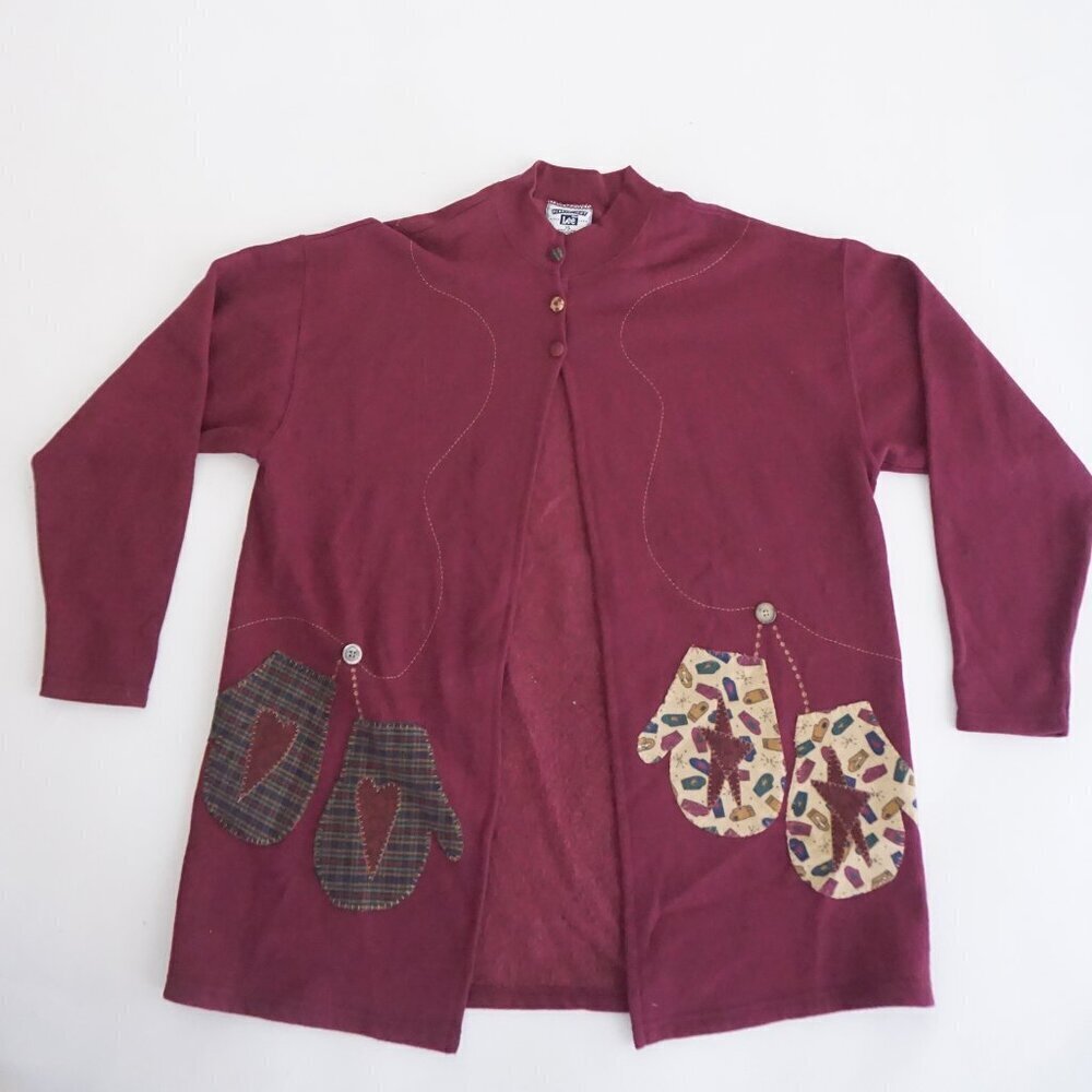Vintage Lee Burgundy Cardigan Mitten Animal Print Cabincore Boho Cardigan XL